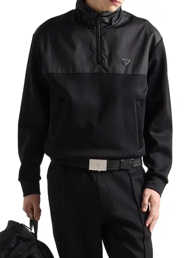 Prada Men's Cotton Fleece Half-Zipper Sweatshirt with Re-Nylon Details - Black | Thumbnail 2 Prada Men's Cotton Fleece Half-Zipper Sweatshirt with Re-Nylon Details - Black | Thumbnail 2