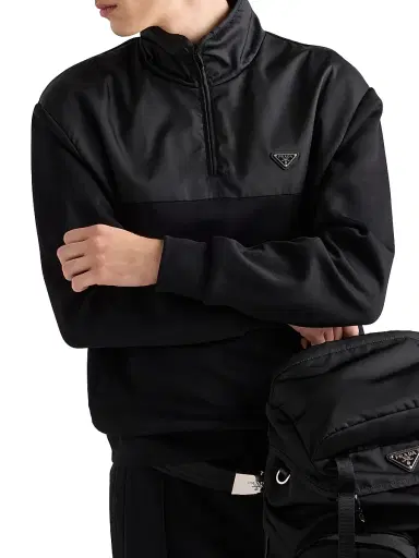 Prada Men's Cotton Fleece Half-Zipper Sweatshirt with Re-Nylon Details - Black | Thumbnail 4 Prada Men's Cotton Fleece Half-Zipper Sweatshirt with Re-Nylon Details - Black | Thumbnail 4