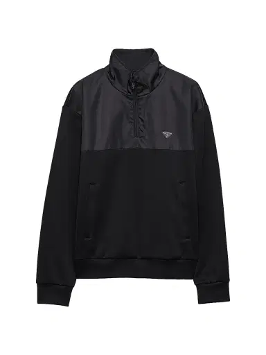Prada Men's Cotton Fleece Half-Zipper Sweatshirt with Re-Nylon Details - Black | Thumbnail 1 Prada Men's Cotton Fleece Half-Zipper Sweatshirt with Re-Nylon Details - Black | Thumbnail 1