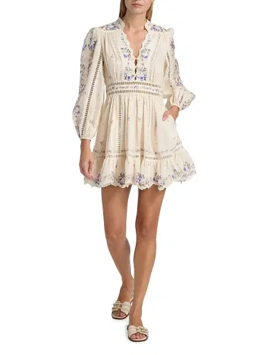 Zimmermann Women's Patience Floral Linen Plunge Minidress - Cream Purple Rose | Thumbnail 2 Zimmermann Women's Patience Floral Linen Plunge Minidress - Cream Purple Rose | Thumbnail 2