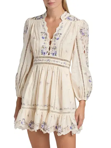 Zimmermann Women's Patience Floral Linen Plunge Minidress - Cream Purple Rose | Thumbnail 3 Zimmermann Women's Patience Floral Linen Plunge Minidress - Cream Purple Rose | Thumbnail 3