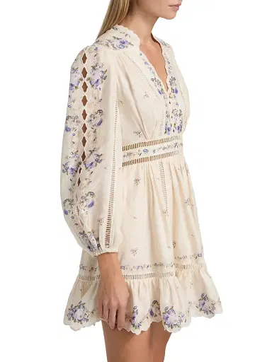 Zimmermann Women's Patience Floral Linen Plunge Minidress - Cream Purple Rose | Thumbnail 4 Zimmermann Women's Patience Floral Linen Plunge Minidress - Cream Purple Rose | Thumbnail 4