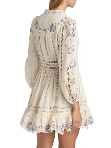 Zimmermann Women's Patience Floral Linen Plunge Minidress - Cream Purple Rose | Thumbnail 5 Zimmermann Women's Patience Floral Linen Plunge Minidress - Cream Purple Rose | Thumbnail 5