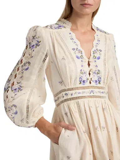 Zimmermann Women's Patience Floral Linen Plunge Minidress - Cream Purple Rose | Thumbnail 6 Zimmermann Women's Patience Floral Linen Plunge Minidress - Cream Purple Rose | Thumbnail 6