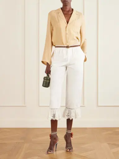 Saint Laurent Cropped Ruffled Lace-trimmed Cotton-poplin Straight-leg Pants | Thumbnail 2 Saint Laurent Cropped Ruffled Lace-trimmed Cotton-poplin Straight-leg Pants | Thumbnail 2