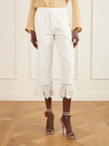 Saint Laurent Cropped Ruffled Lace-trimmed Cotton-poplin Straight-leg Pants | Thumbnail 3 Saint Laurent Cropped Ruffled Lace-trimmed Cotton-poplin Straight-leg Pants | Thumbnail 3