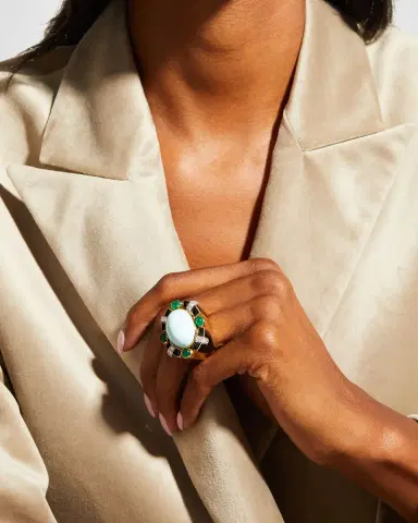 David Webb Turquoise, Emerald and Diamond Ring, Size 6.5 | Thumbnail 1 David Webb Turquoise, Emerald and Diamond Ring, Size 6.5 | Thumbnail 1