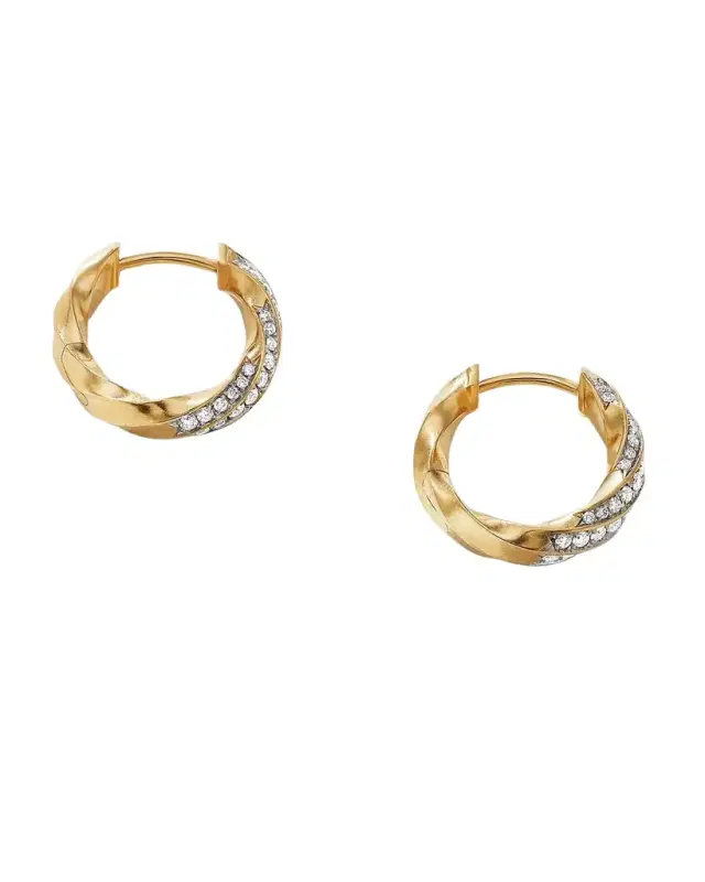 Cable Edge Huggie Hoop Earrings with Diamonds in 18K Gold, 13mm Cable Edge Huggie Hoop Earrings with Diamonds in 18K Gold, 13mm