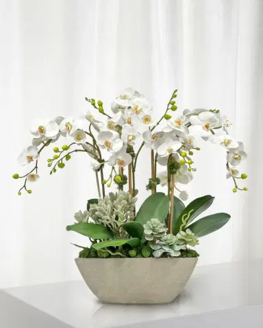 Winward Home Orchid Succulent 26" Faux Floral Arrangement in Fiberglass Planter | Thumbnail 1 Winward Home Orchid Succulent 26" Faux Floral Arrangement in Fiberglass Planter | Thumbnail 1