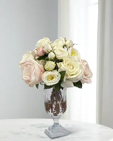 Winward Home Rose Mix 14" Faux Floral Arrangement in Glass Pedestal Vase | Thumbnail 1 Winward Home Rose Mix 14" Faux Floral Arrangement in Glass Pedestal Vase | Thumbnail 1