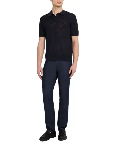 Emporio Armani Men 's Micro-Jacquard Short-Sleeve Polo Sweater | Thumbnail 1 Emporio Armani Men 's Micro-Jacquard Short-Sleeve Polo Sweater | Thumbnail 1