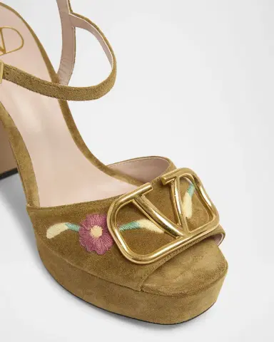 Valentino Garavani Floral Embroidered VLogo Suede Platform Sandals | Thumbnail 3 Valentino Garavani Floral Embroidered VLogo Suede Platform Sandals | Thumbnail 3