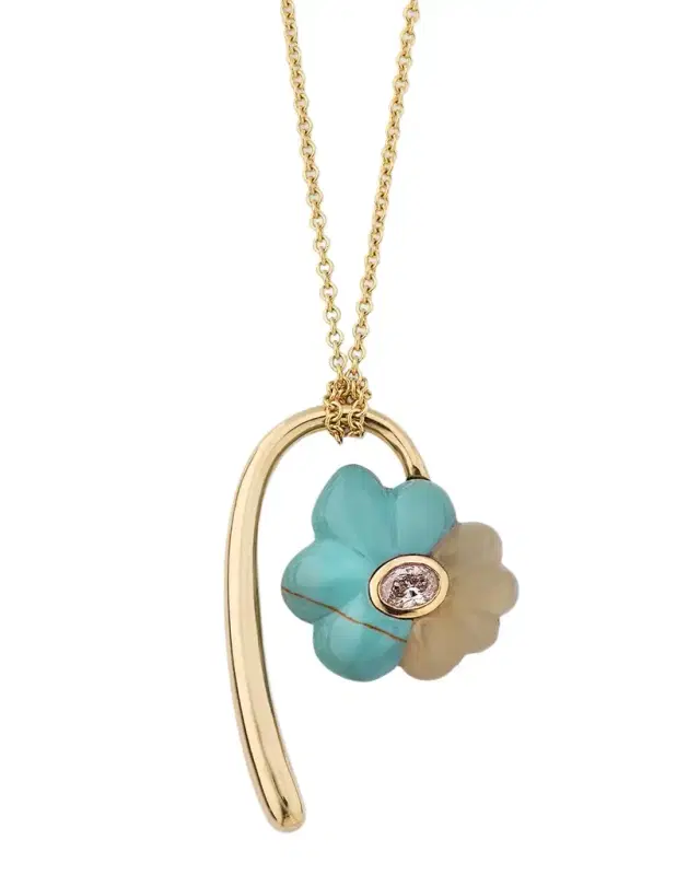 Petite Flora Necklace with Hand Carved Turquoise and Aquamarine Petite Flora Necklace with Hand Carved Turquoise and Aquamarine