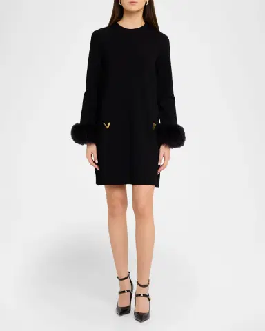 Valentino Garavani Feather-Cuffs Knit Mini Shift Dress | Thumbnail 2 Valentino Garavani Feather-Cuffs Knit Mini Shift Dress | Thumbnail 2