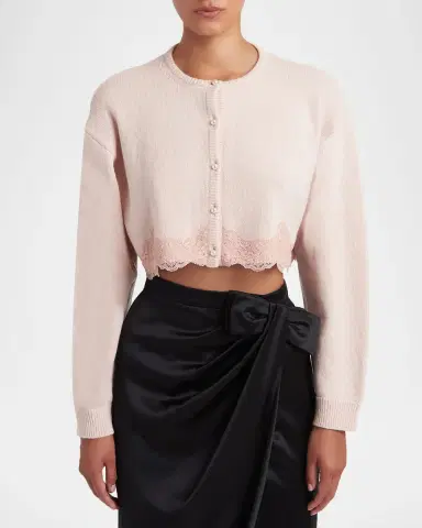 Valentino Garavani Lace-Trim Crop Crewneck Cardigan | Thumbnail 4 Valentino Garavani Lace-Trim Crop Crewneck Cardigan | Thumbnail 4