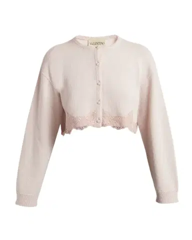 Valentino Garavani Lace-Trim Crop Crewneck Cardigan | Thumbnail 1 Valentino Garavani Lace-Trim Crop Crewneck Cardigan | Thumbnail 1