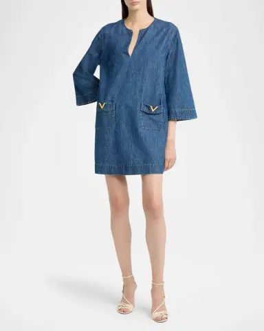 Valentino Garavani V-Logo Denim 3/4-Sleeve Mini Dress | Thumbnail 4 Valentino Garavani V-Logo Denim 3/4-Sleeve Mini Dress | Thumbnail 4