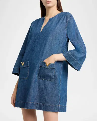 Valentino Garavani V-Logo Denim 3/4-Sleeve Mini Dress | Thumbnail 5 Valentino Garavani V-Logo Denim 3/4-Sleeve Mini Dress | Thumbnail 5