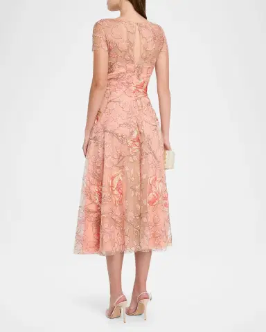 Naeem Khan Metallic Floral Embroidered Short-Sleeve Illusion Midi Dress | Thumbnail 3 Naeem Khan Metallic Floral Embroidered Short-Sleeve Illusion Midi Dress | Thumbnail 3