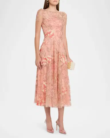 Naeem Khan Metallic Floral Embroidered Short-Sleeve Illusion Midi Dress | Thumbnail 4 Naeem Khan Metallic Floral Embroidered Short-Sleeve Illusion Midi Dress | Thumbnail 4