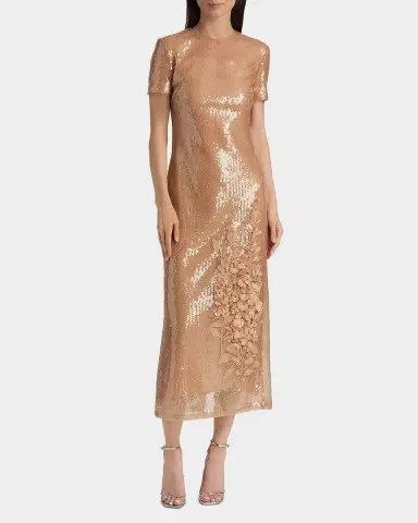 Oscar de la Renta Feather Applique Cap-Sleeve Sequined Midi Cocktail Dress | Thumbnail 2 Oscar de la Renta Feather Applique Cap-Sleeve Sequined Midi Cocktail Dress | Thumbnail 2