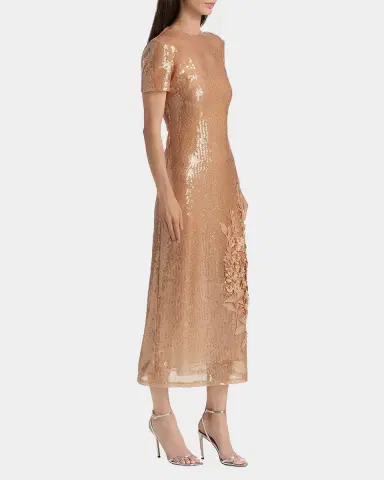 Oscar de la Renta Feather Applique Cap-Sleeve Sequined Midi Cocktail Dress | Thumbnail 4 Oscar de la Renta Feather Applique Cap-Sleeve Sequined Midi Cocktail Dress | Thumbnail 4