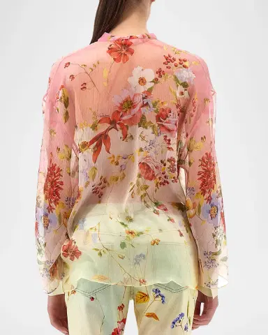 Roberto Cavalli Miami Flowers Print Chiffon Neck-Tie Blouse | Thumbnail 2 Roberto Cavalli Miami Flowers Print Chiffon Neck-Tie Blouse | Thumbnail 2