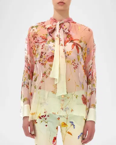 Roberto Cavalli Miami Flowers Print Chiffon Neck-Tie Blouse | Thumbnail 3 Roberto Cavalli Miami Flowers Print Chiffon Neck-Tie Blouse | Thumbnail 3