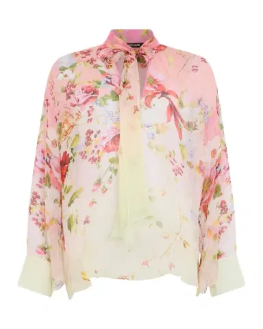 Roberto Cavalli Miami Flowers Print Chiffon Neck-Tie Blouse | Thumbnail 1 Roberto Cavalli Miami Flowers Print Chiffon Neck-Tie Blouse | Thumbnail 1