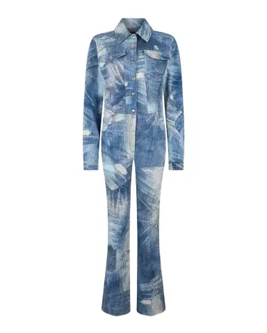 Roberto Cavalli Patchwork Denim Long-Sleeve Bootcut Jumpsuit | Thumbnail 1 Roberto Cavalli Patchwork Denim Long-Sleeve Bootcut Jumpsuit | Thumbnail 1