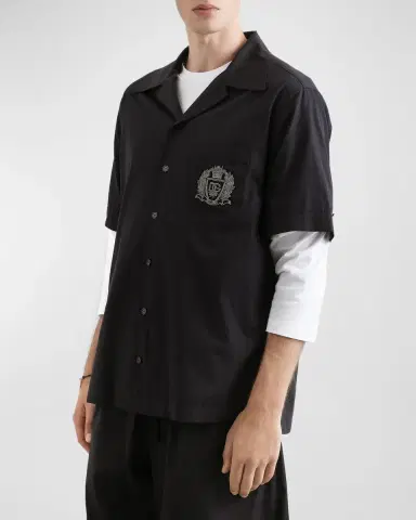 Dolce & Gabbana Men 's Hawaii Cotton Emblem Short-Sleeve Shirt | Thumbnail 4 Dolce & Gabbana Men 's Hawaii Cotton Emblem Short-Sleeve Shirt | Thumbnail 4
