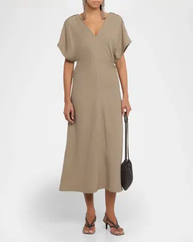 Brunello Cucinelli Monili-Trim Fluid Linen Twill Short-Sleeve Midi Dress | Thumbnail 2 Brunello Cucinelli Monili-Trim Fluid Linen Twill Short-Sleeve Midi Dress | Thumbnail 2