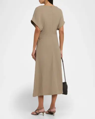 Brunello Cucinelli Monili-Trim Fluid Linen Twill Short-Sleeve Midi Dress | Thumbnail 3 Brunello Cucinelli Monili-Trim Fluid Linen Twill Short-Sleeve Midi Dress | Thumbnail 3