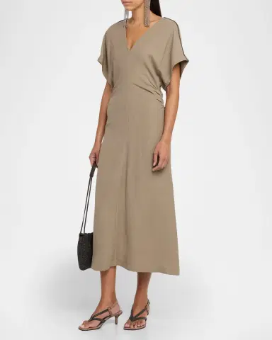 Brunello Cucinelli Monili-Trim Fluid Linen Twill Short-Sleeve Midi Dress | Thumbnail 4 Brunello Cucinelli Monili-Trim Fluid Linen Twill Short-Sleeve Midi Dress | Thumbnail 4