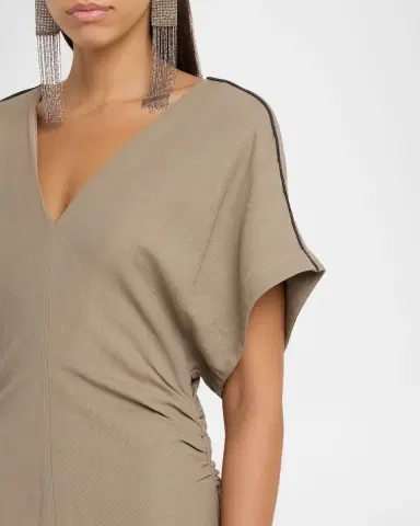 Brunello Cucinelli Monili-Trim Fluid Linen Twill Short-Sleeve Midi Dress | Thumbnail 5 Brunello Cucinelli Monili-Trim Fluid Linen Twill Short-Sleeve Midi Dress | Thumbnail 5