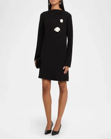 Lela Rose Flower Applique Long-Sleeve Fluid Crepe Mini Dress | Thumbnail 4 Lela Rose Flower Applique Long-Sleeve Fluid Crepe Mini Dress | Thumbnail 4