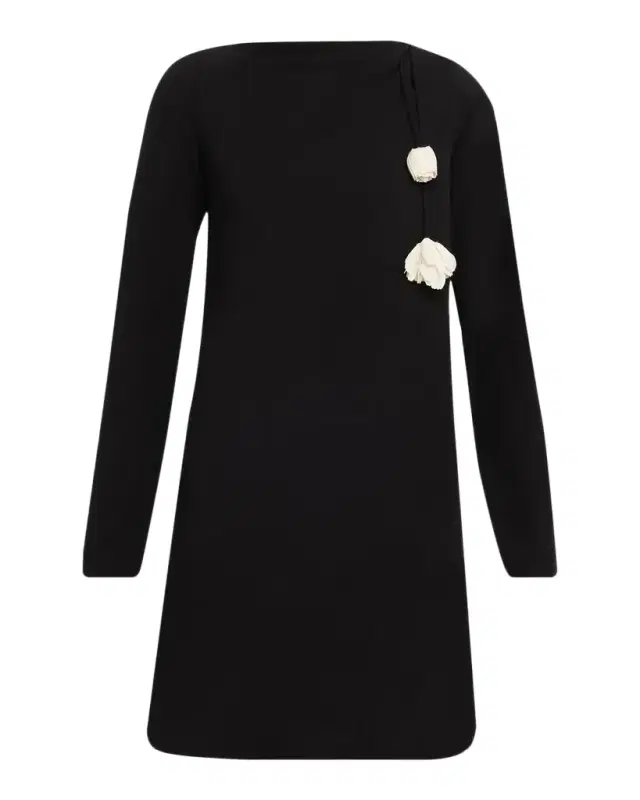Flower Applique Long-Sleeve Fluid Crepe Mini Dress Flower Applique Long-Sleeve Fluid Crepe Mini Dress