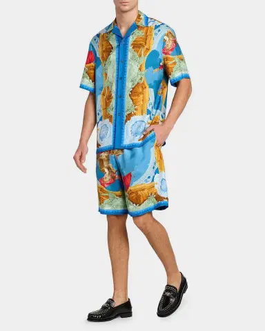 Versace Men's Architectural Baroque Silk Short-Sleeve Shirt | Thumbnail 2 Versace Men's Architectural Baroque Silk Short-Sleeve Shirt | Thumbnail 2