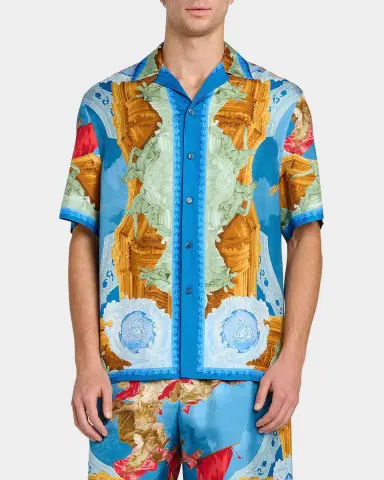Versace Men's Architectural Baroque Silk Short-Sleeve Shirt | Thumbnail 4 Versace Men's Architectural Baroque Silk Short-Sleeve Shirt | Thumbnail 4