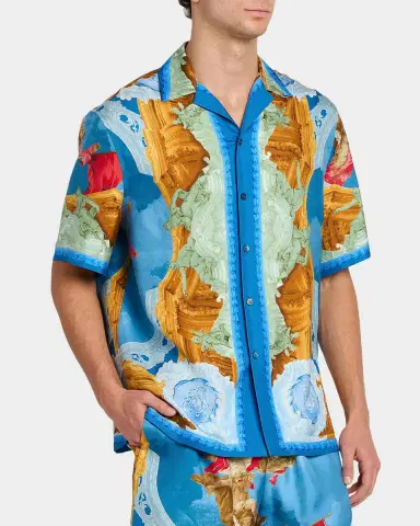 Versace Men's Architectural Baroque Silk Short-Sleeve Shirt | Thumbnail 6 Versace Men's Architectural Baroque Silk Short-Sleeve Shirt | Thumbnail 6