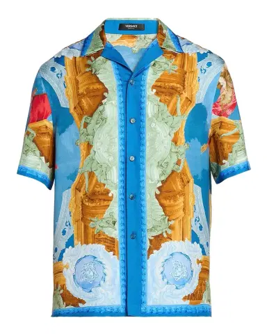 Versace Men's Architectural Baroque Silk Short-Sleeve Shirt | Thumbnail 1 Versace Men's Architectural Baroque Silk Short-Sleeve Shirt | Thumbnail 1
