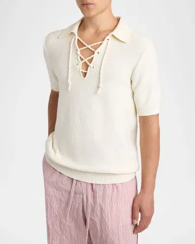 Dolce & Gabbana Men's Drawcord V-Neck Polo Shirt | Thumbnail 4 Dolce & Gabbana Men's Drawcord V-Neck Polo Shirt | Thumbnail 4