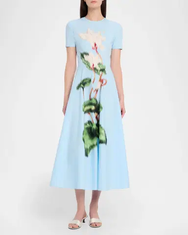 Oscar de la Renta Short-Sleeve Chine Cyclamen Cotton Poplin Midi Dress | Thumbnail 2 Oscar de la Renta Short-Sleeve Chine Cyclamen Cotton Poplin Midi Dress | Thumbnail 2