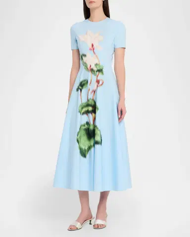 Oscar de la Renta Short-Sleeve Chine Cyclamen Cotton Poplin Midi Dress | Thumbnail 4 Oscar de la Renta Short-Sleeve Chine Cyclamen Cotton Poplin Midi Dress | Thumbnail 4