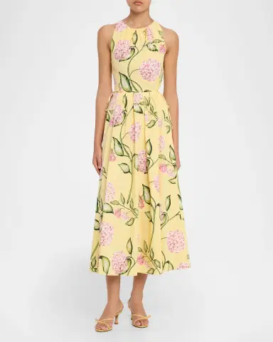 Oscar de la Renta Sleeveless Porcelain Flower Waist-Tie Midi Dress | Thumbnail 2 Oscar de la Renta Sleeveless Porcelain Flower Waist-Tie Midi Dress | Thumbnail 2
