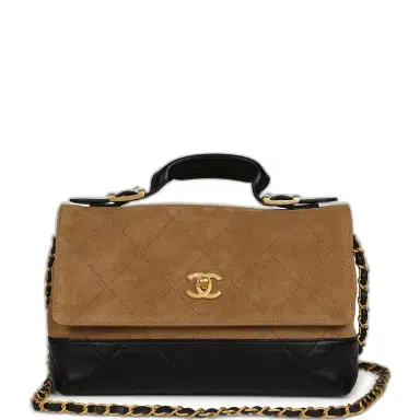 Chanel Chanel Coco Base Top Handle Flap Bag Brown Suede and Black Shiny Lambskin Brushed Gold Hardware | Thumbnail 1 Chanel Chanel Coco Base Top Handle Flap Bag Brown Suede and Black Shiny Lambskin Brushed Gold Hardware | Thumbnail 1
