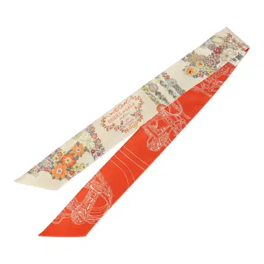 HERMÈS Hermes "Brides de Gala En Fleur" Vanille, Orange and Kaki Multi Silk Twilly Pair | Thumbnail 2 HERMÈS Hermes "Brides de Gala En Fleur" Vanille, Orange and Kaki Multi Silk Twilly Pair | Thumbnail 2