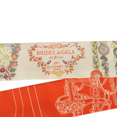 HERMÈS Hermes "Brides de Gala En Fleur" Vanille, Orange and Kaki Multi Silk Twilly Pair | Thumbnail 3 HERMÈS Hermes "Brides de Gala En Fleur" Vanille, Orange and Kaki Multi Silk Twilly Pair | Thumbnail 3