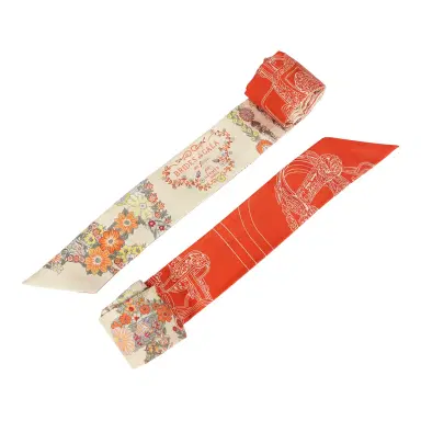 HERMÈS Hermes "Brides de Gala En Fleur" Vanille, Orange and Kaki Multi Silk Twilly Pair | Thumbnail 4 HERMÈS Hermes "Brides de Gala En Fleur" Vanille, Orange and Kaki Multi Silk Twilly Pair | Thumbnail 4