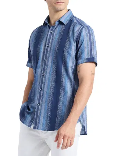 Robert Graham Men's Pembroke Striped Cotton Short-Sleeve Shirt - Indigo | Thumbnail 4 Robert Graham Men's Pembroke Striped Cotton Short-Sleeve Shirt - Indigo | Thumbnail 4